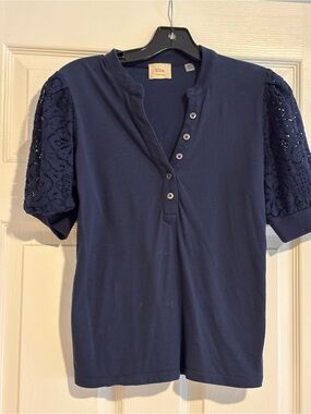 Tahari Navy Short-Sleeve Lace-Sleeve Henley Top
